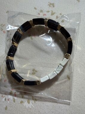 Gold Accent Black and White Beaded Stretch Bracelet - Women Jewelry
